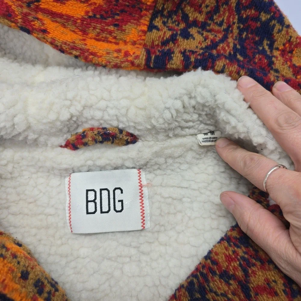 BDG Urban Outfitters Women Orange Tapestry Sherpa Lined Hooded Jacket Medium - Picture 2 of 6